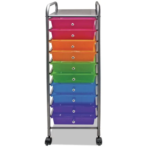 1 Shelf 10 Drawer 13 in. x 15.38 in. x 37.75 in. Metal Portable Drawer Organizer - Matte Gray/Assorted Desk Accessories & Office Organizers