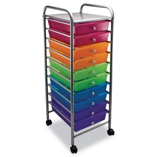 1 Shelf 10 Drawer 13 in. x 15.38 in. x 37.75 in. Metal Portable Drawer Organizer - Matte Gray/Assorted Desk Accessories & Office Organizers
