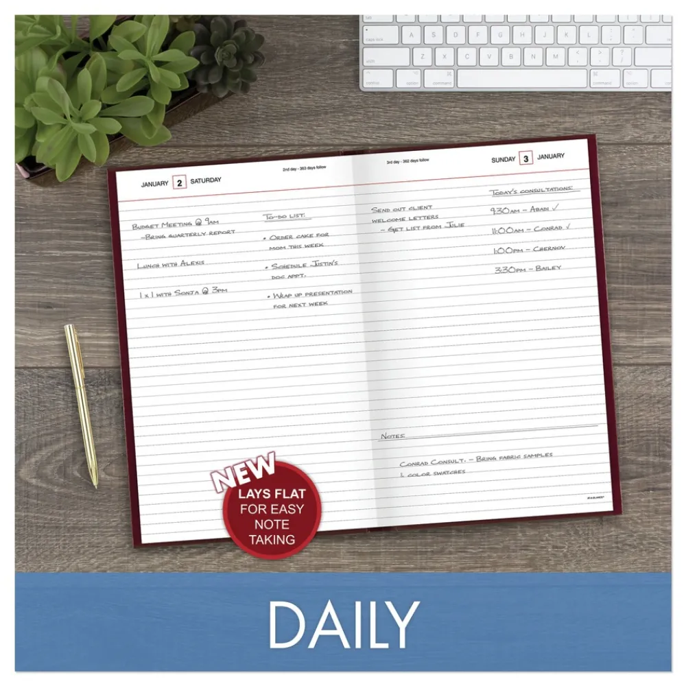 Clearance 12 in. x 7.75 in. Standard 2026 Edition Wide/Legal Rule Daily Diary - Red Cover Paper & Printables