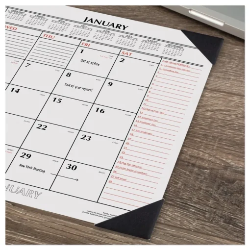 Clearance 12-Month (Jan to Dec): 2026 22 in. x 17 in. Two-Color Monthly Desk Pad Calendar - White Sheets, Black Corners Calendars & Planners