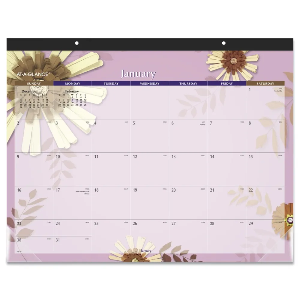 Discount 12-Month (Jan to Dec): 2026 22 in. x 17 in. Floral Artwork Paper Flowers Desk Pad - Black Binding/Clear Corners Paper & Printables