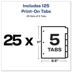 Clearance Print-On 11 in. x 8.5 in. 5-Tab 3-Hole Customizable Punched Dividers - White (125/Pack) Binders & Binding Supplies