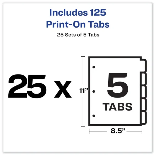 Clearance Print-On 11 in. x 8.5 in. 5-Tab 3-Hole Customizable Punched Dividers - White (125/Pack) Binders & Binding Supplies