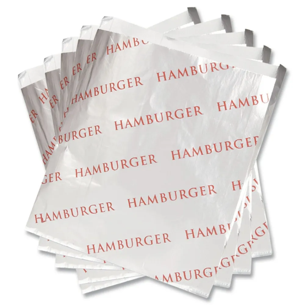 Best 300527 6 in. x 6.5 in. Foil Single-Serve Bags - Silver, Hamburger Design (1000/Carton) Tabletop And Serveware