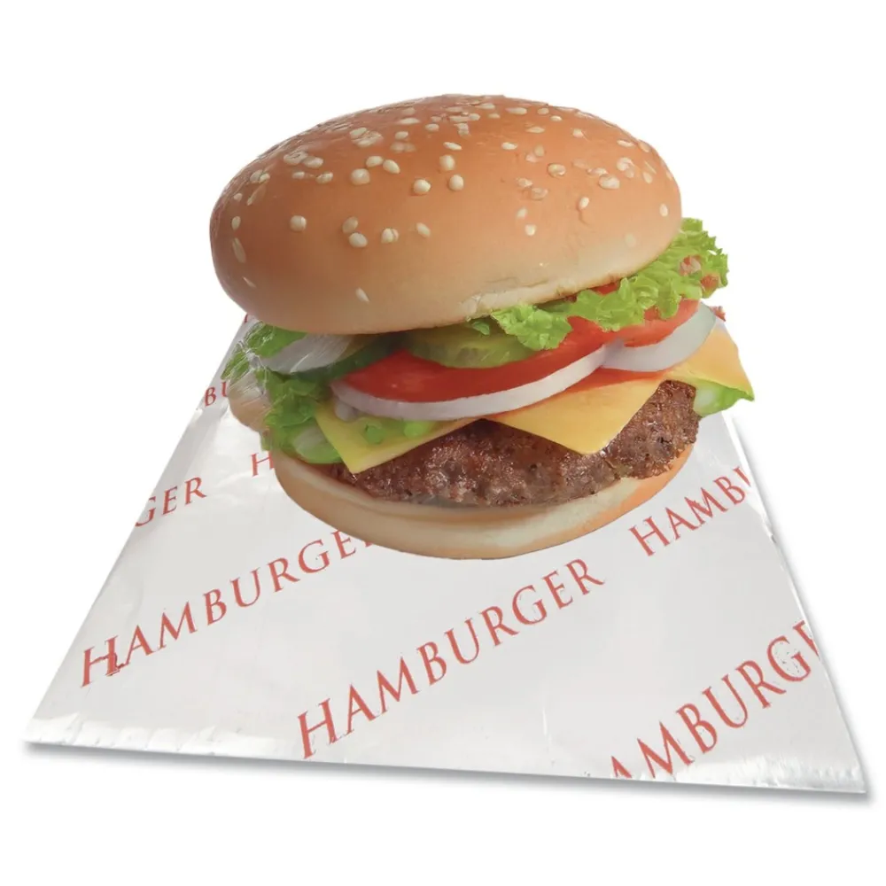 Best 300527 6 in. x 6.5 in. Foil Single-Serve Bags - Silver, Hamburger Design (1000/Carton) Tabletop And Serveware