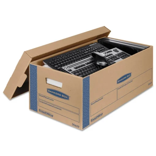 Clearance SmoothMove 12 in. x 24 in. x 10 in. Prime Moving/Storage Boxes with Lift-Off Lid - Small/Brown/Blue (8/Carton) Desk Accessories & Office Organizers