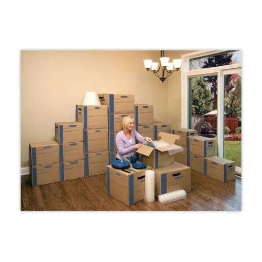Clearance SmoothMove 12 in. x 24 in. x 10 in. Prime Moving/Storage Boxes with Lift-Off Lid - Small/Brown/Blue (8/Carton) Desk Accessories & Office Organizers