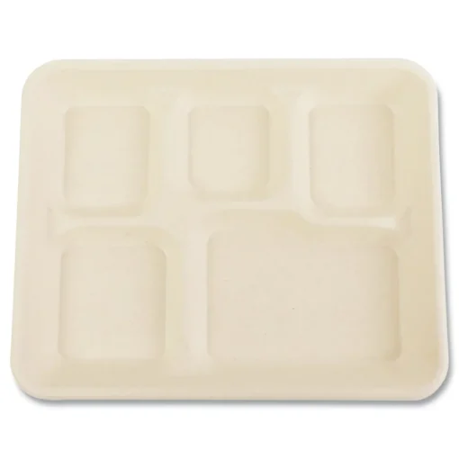 Online 8.26 in. x 0.98 in. x 10.9 in. 5-Compartment Bamboo/Sugarcane Bagasse PFAS-Free Food Tray - Tan (500/Carton) Tabletop And Serveware