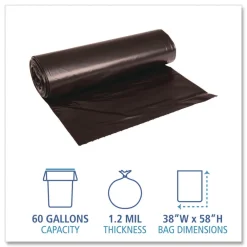 Hot Reprocessed Resin Can Liners, 60 gal, 1.2 mil, 38 x 58, Black, 50 Rolls/Carton Trash & Waste Bins