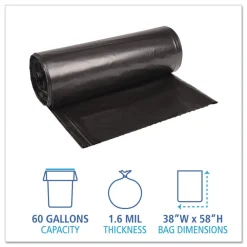 Hot X7658XKKR01 38 in. x 58 in. 60 gal. 1.6 mil Recycled Low-Density Polyethylene Can Liners - Black (100/Carton) Trash & Waste Bins