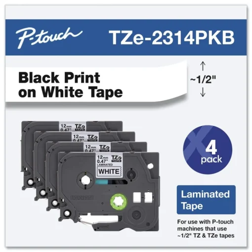 Discount 0.5 in. TZe Series Standard Adhesive Laminated Labeling Tape - Black on White (4/Pack) Tapes & Adhesives