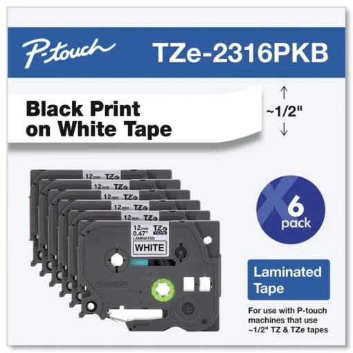 Outlet 0.5 in. TZe Series Standard Adhesive Laminated Labeling Tape - Black on White (6/Pack) Tapes & Adhesives