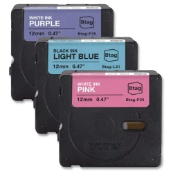 Clearance 0.47 in. x 13.1 ft. Genuine P-Touch BTAG Label Tapes - White on Purple, Black on Light Blue, White on Pink Labels & Label Makers