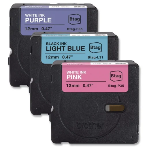 Clearance 0.47 in. x 13.1 ft. Genuine P-Touch BTAG Label Tapes - White on Purple, Black on Light Blue, White on Pink Labels & Label Makers
