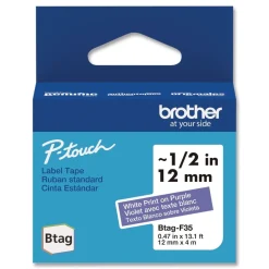 0.47 in. x 13.1 ft. Genuine P-Touch BTAG Label Tapes - White on Purple Labels & Label Makers