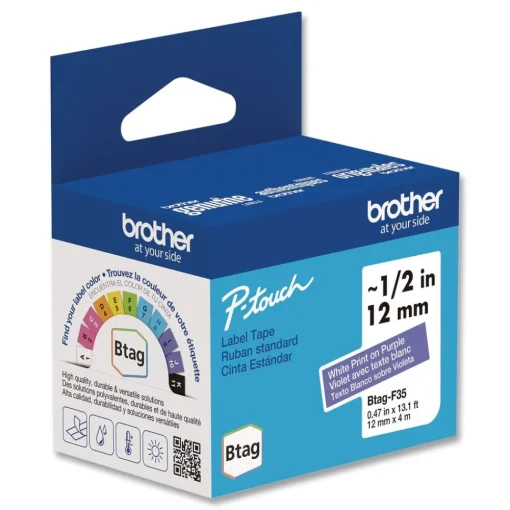 0.47 in. x 13.1 ft. Genuine P-Touch BTAG Label Tapes - White on Purple Labels & Label Makers