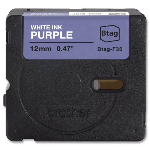 0.47 in. x 13.1 ft. Genuine P-Touch BTAG Label Tapes - White on Purple Labels & Label Makers