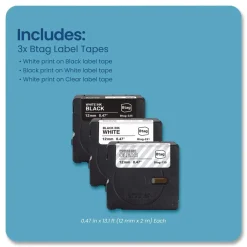 Clearance 0.47 in. x 13.1 ft. Genuine P-Touch BTAG Label Tapes - White on Clear, Black on White, White on Black Labels & Label Makers