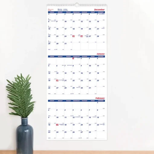 Best 14-Month: Dec 2025 to Jan 2027 12.25 in. x 27 in. Three-Month Wall Calendar - White/Blue Sheets Calendars & Planners