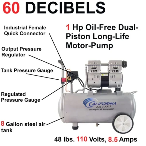 Hot 8010 1 HP 8 Gallon Ultra Quiet and Oil-Free Steel Tank Wheelbarrow Air Compressor Air Compressors