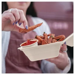 Hot 6.12 in. x 5.87 in. x 3.1 in. ProPlanet Seal Compostable Molded Fiber Hinged Trays - Natural (500/Carton) Tabletop And Serveware