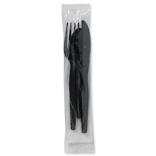 Clearance Individually Wrapped Heavyweight Plastic Fork/Knife/Napkin/Spoon Set - Black (250/Carton) Tabletop And Serveware