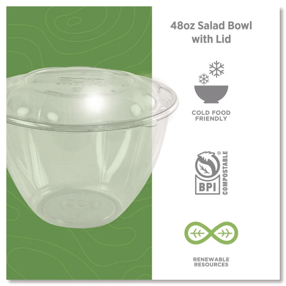 Online 48 oz. Renewable and Compostable Plastic Salad Bowls with Lids - Clear (150/Carton) Tabletop And Serveware
