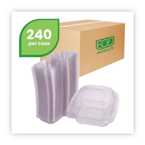 EP-LC6 6 in. x 6 in. x 3 in. Renewable and Compostable Plastic Clamshell Hinged Food Containers - Clear (240/Carton) Tabletop And Serveware
