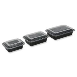 Sale FCPP-BC-38RECT 8.81 in. x 6.02 in. x 2.48 in. 38 oz. Plastic Microwavable Food Container with Lid - Rectangular Black/Clear (150/Carton) Tabletop And Serveware
