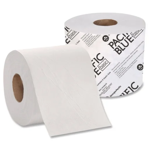 Clearance Pacific Blue Basic 1-Ply Septic Safe High-Capacity Bathroom Tissue - White (1500/Roll, 48/Carton) Paper & Dispensers