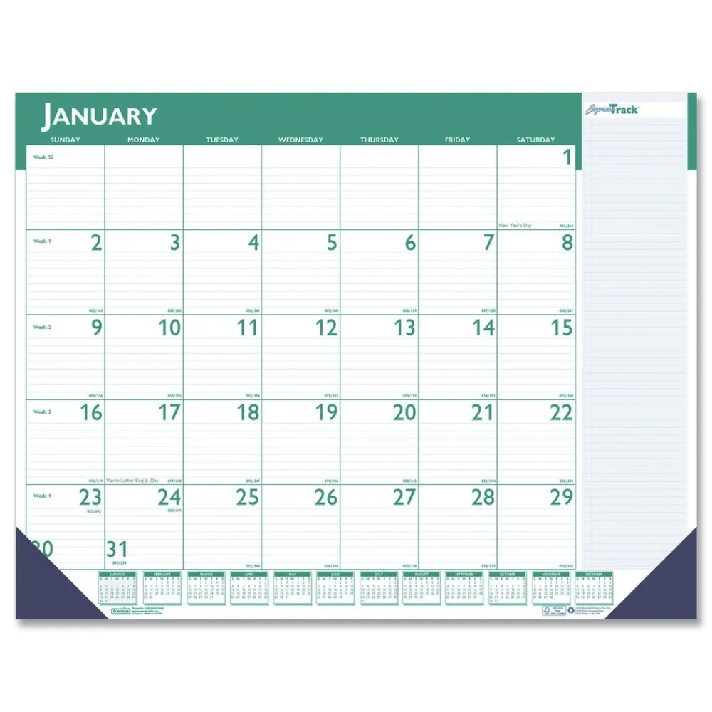 22 in. x 17 in. 13-Month (Jan 2026-Jan 2027) Express Track Monthly Desk Pad Calendar - White/Teal Sheets/Teal Binding Calendars & Planners
