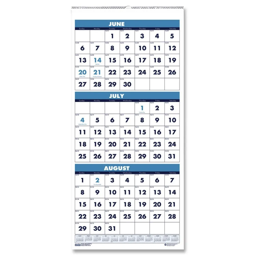 Best 14-Month: June 2025 to July 2026 8 in. x 17 in. Academic Year Recycled Three-Month Format Wall Calendar - White Sheets Calendars & Planners