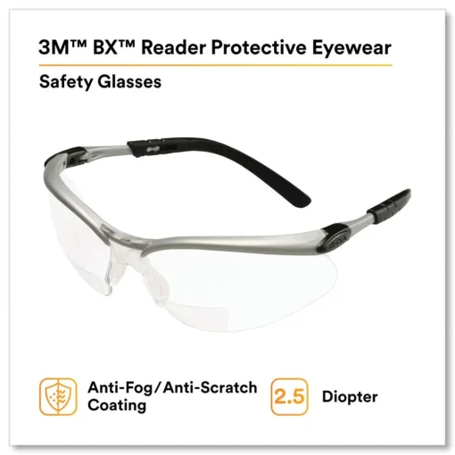 Hot BX Molded-In 2.5plus Diopter Strength Safety Glasses - Silver/Black Frame, Clear Lens Eye Protection