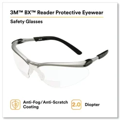 Clearance BX Molded-In 2.0plus Diopter Strength Safety Glasses - Silver/Black Frame, Clear Lens Eye Protection