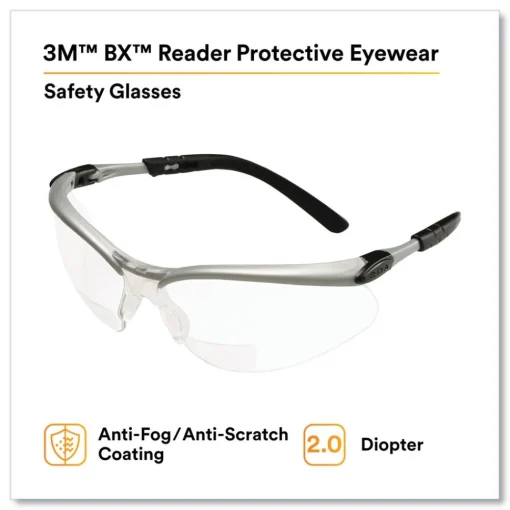 Clearance BX Molded-In 2.0plus Diopter Strength Safety Glasses - Silver/Black Frame, Clear Lens Eye Protection