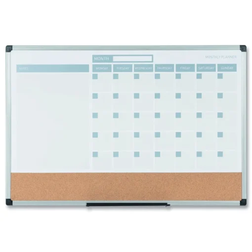 New 24 in. x 18 in. 3-in-1 Monthly Planning/Scheduling Calendar Planner Board - Tan/White/Blue Surface/Satin Aluminum Frame Office Presentation Supplies