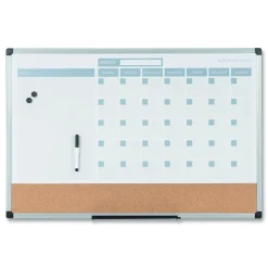 New 24 in. x 18 in. 3-in-1 Monthly Planning/Scheduling Calendar Planner Board - Tan/White/Blue Surface/Satin Aluminum Frame Office Presentation Supplies