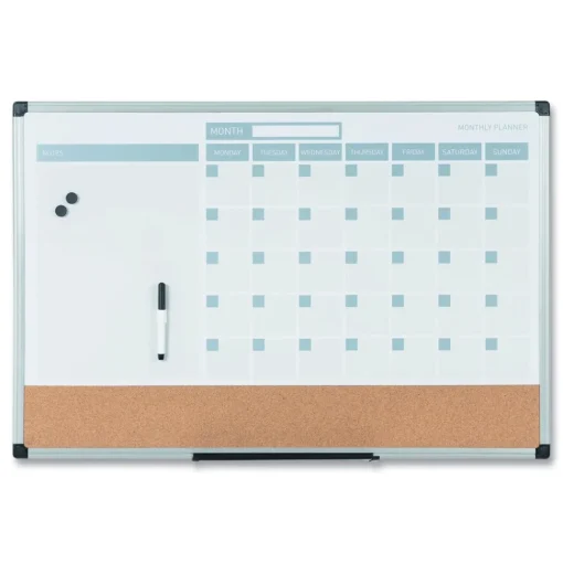New 24 in. x 18 in. 3-in-1 Monthly Planning/Scheduling Calendar Planner Board - Tan/White/Blue Surface/Satin Aluminum Frame Office Presentation Supplies