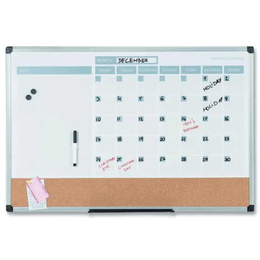 New 24 in. x 18 in. 3-in-1 Monthly Planning/Scheduling Calendar Planner Board - Tan/White/Blue Surface/Satin Aluminum Frame Office Presentation Supplies