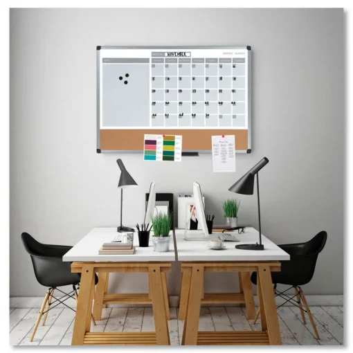 New 24 in. x 18 in. 3-in-1 Monthly Planning/Scheduling Calendar Planner Board - Tan/White/Blue Surface/Satin Aluminum Frame Office Presentation Supplies