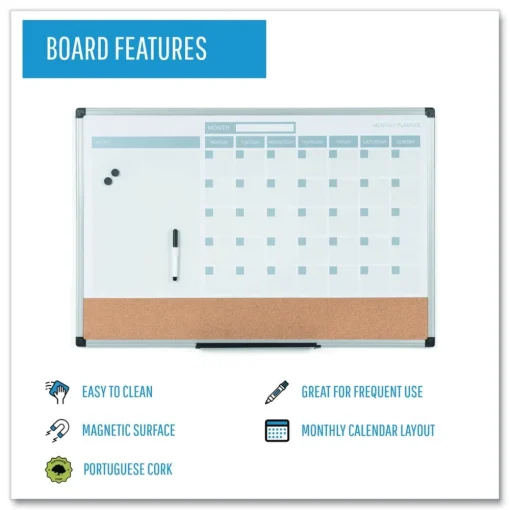 New 24 in. x 18 in. 3-in-1 Monthly Planning/Scheduling Calendar Planner Board - Tan/White/Blue Surface/Satin Aluminum Frame Office Presentation Supplies