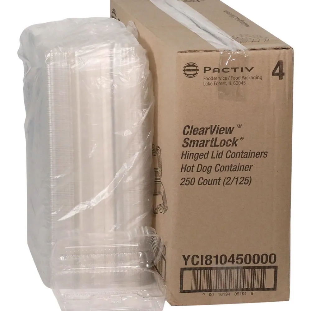 Hot 6.5 in. x 2.25 in. x 2.75 in. Plastic Hinged Lid Hot Dog Container - Clear (250/Carton) Tabletop And Serveware