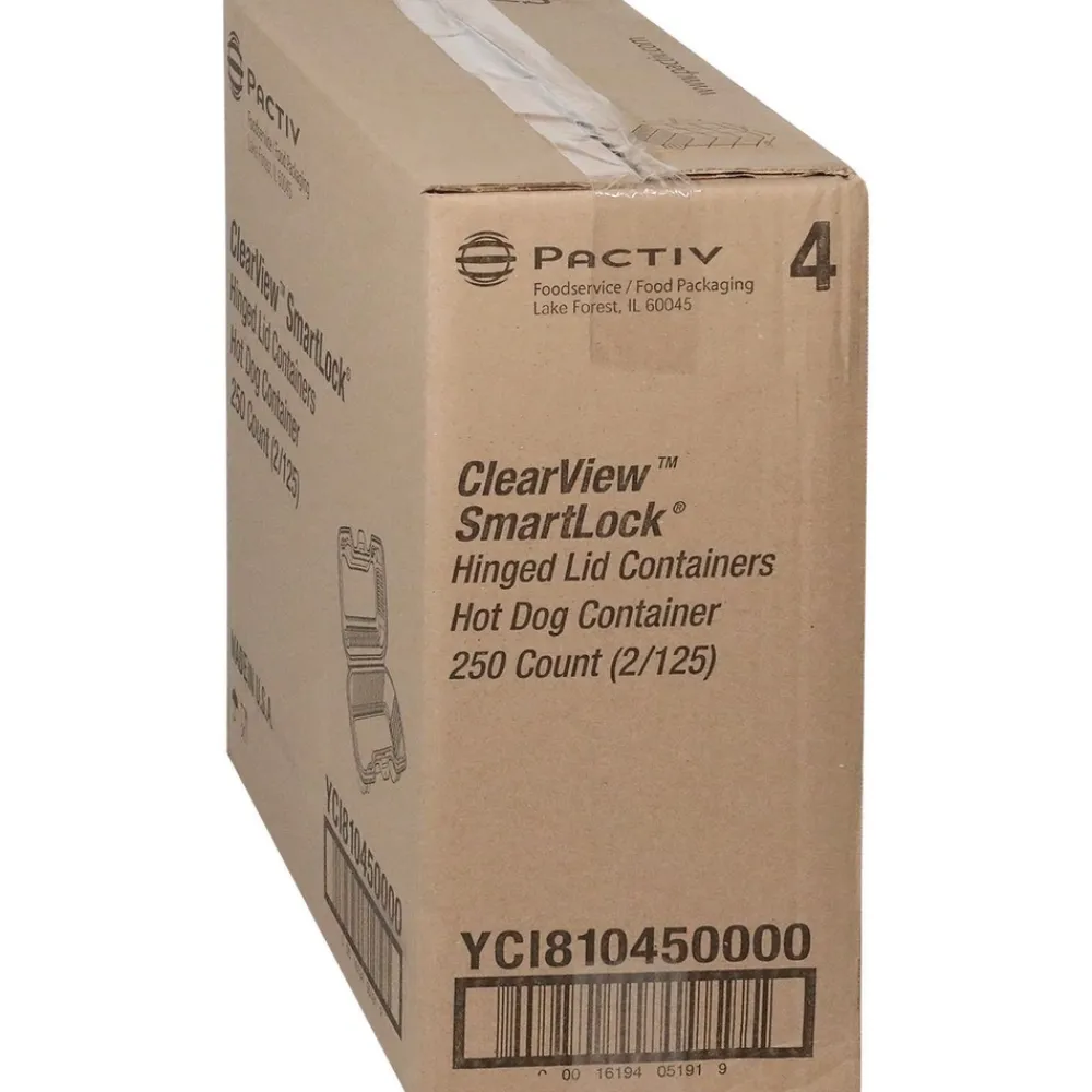 Hot 6.5 in. x 2.25 in. x 2.75 in. Plastic Hinged Lid Hot Dog Container - Clear (250/Carton) Tabletop And Serveware