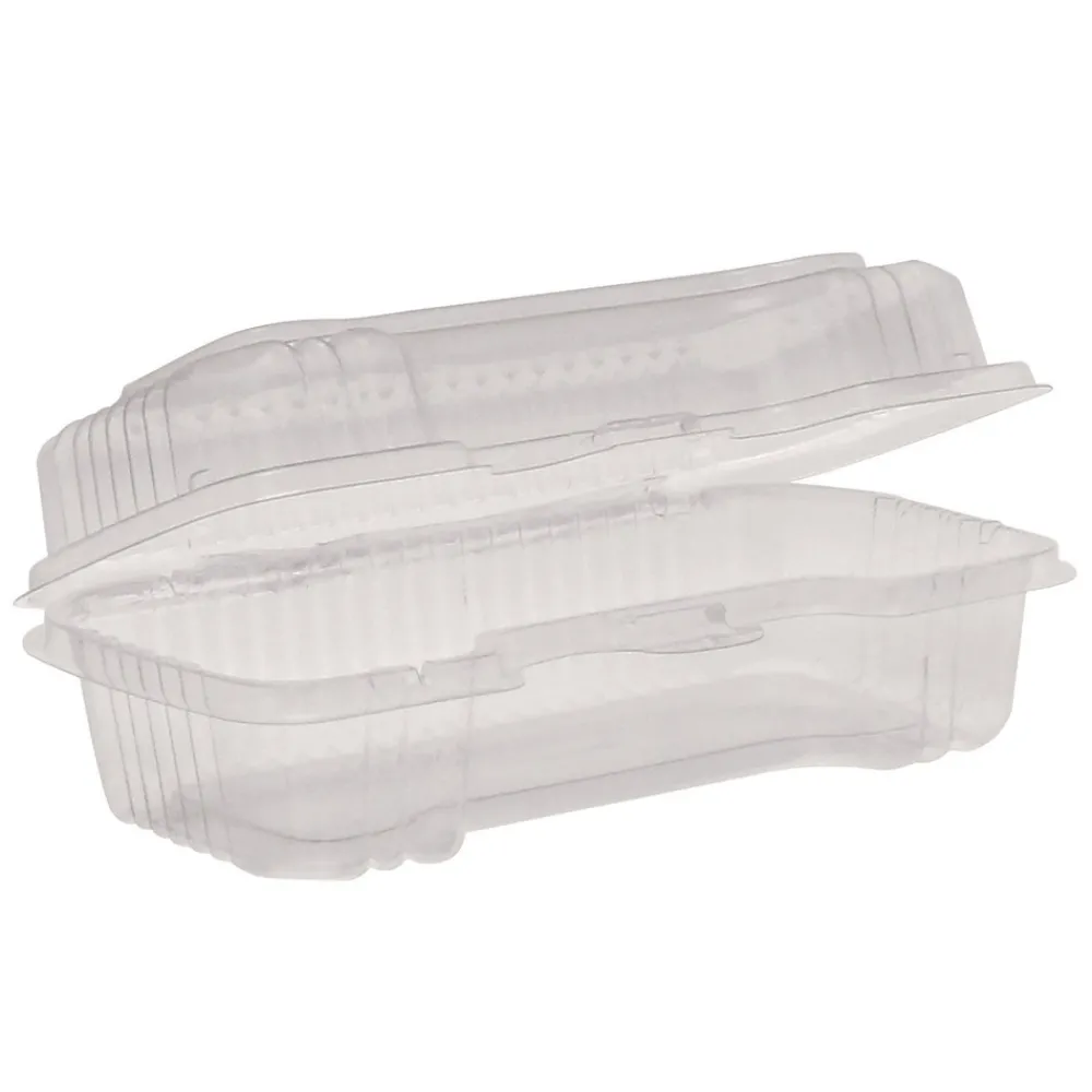 Hot 6.5 in. x 2.25 in. x 2.75 in. Plastic Hinged Lid Hot Dog Container - Clear (250/Carton) Tabletop And Serveware