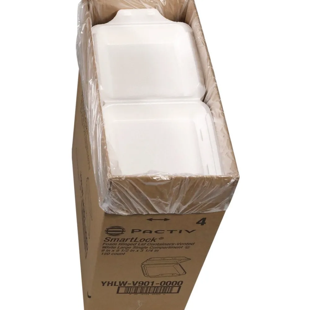 New 9 in. x 9.5 in. x 3.3 in. SmartLock Vented Foam Hinged Lid Container - White (150/Carton) Tabletop And Serveware