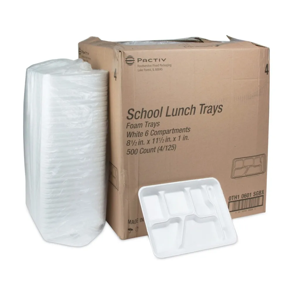 8.5 in. x 11.5 in. x 1.25 in. 6-Compartment Foam School Trays - White (500/Carton) Tabletop And Serveware