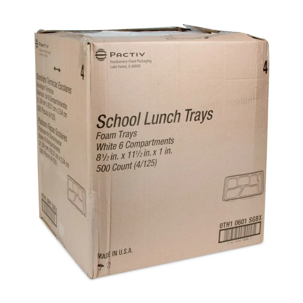 8.5 in. x 11.5 in. x 1.25 in. 6-Compartment Foam School Trays - White (500/Carton) Tabletop And Serveware