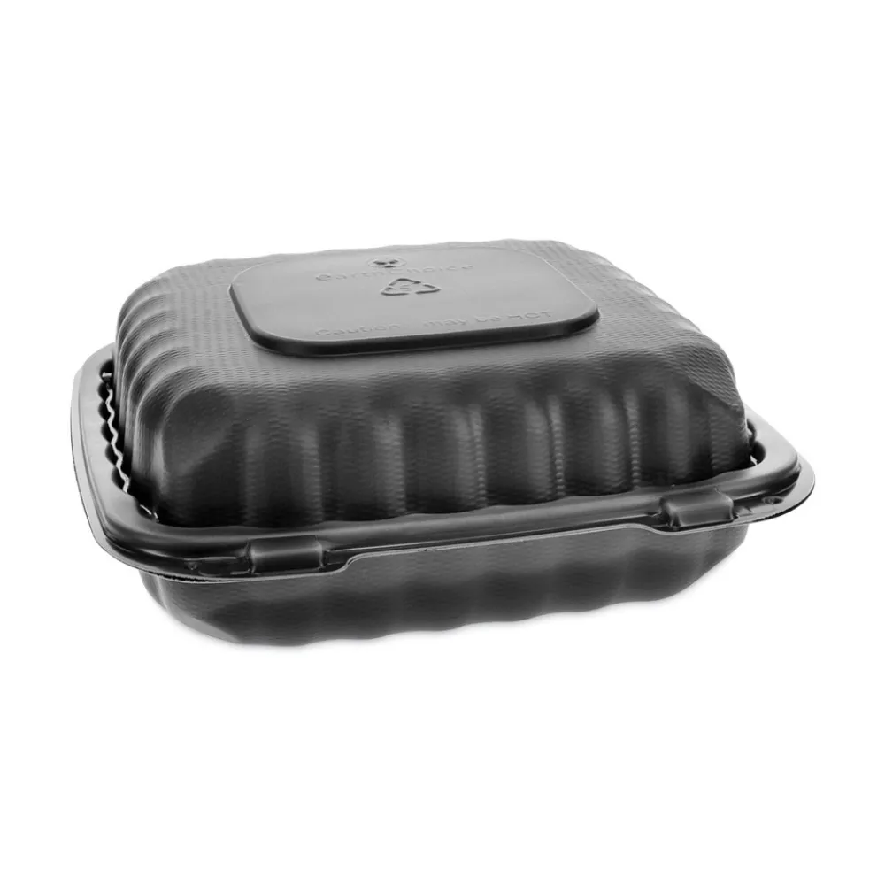 Clearance 8.31 in. x 8.35 in. x 3.1 in. EarthChoice SmartLock Microwavable MFPP Plastic Hinged Lid Container - Black (200/Carton) Tabletop And Serveware