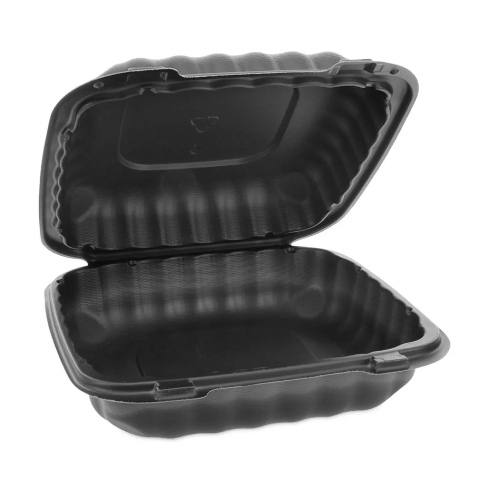 Clearance 8.31 in. x 8.35 in. x 3.1 in. EarthChoice SmartLock Microwavable MFPP Plastic Hinged Lid Container - Black (200/Carton) Tabletop And Serveware