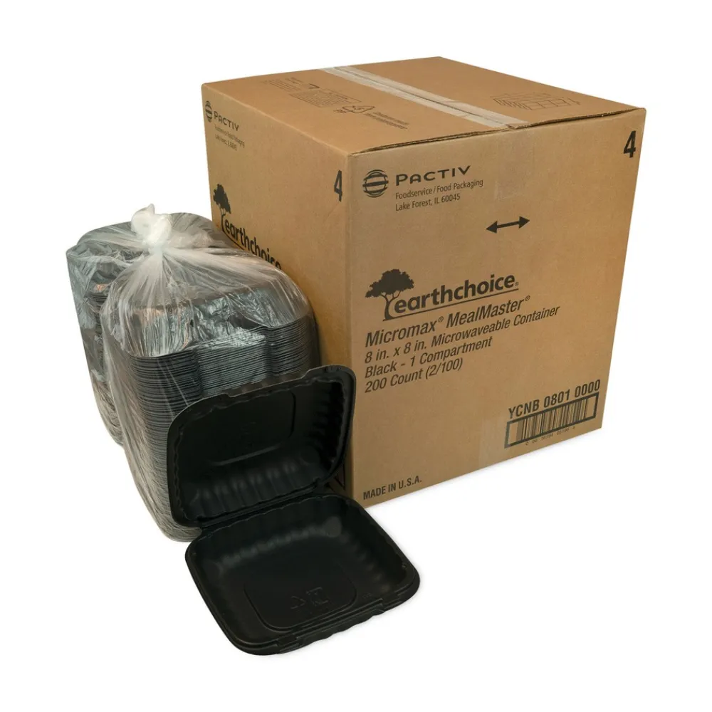 Clearance 8.31 in. x 8.35 in. x 3.1 in. EarthChoice SmartLock Microwavable MFPP Plastic Hinged Lid Container - Black (200/Carton) Tabletop And Serveware